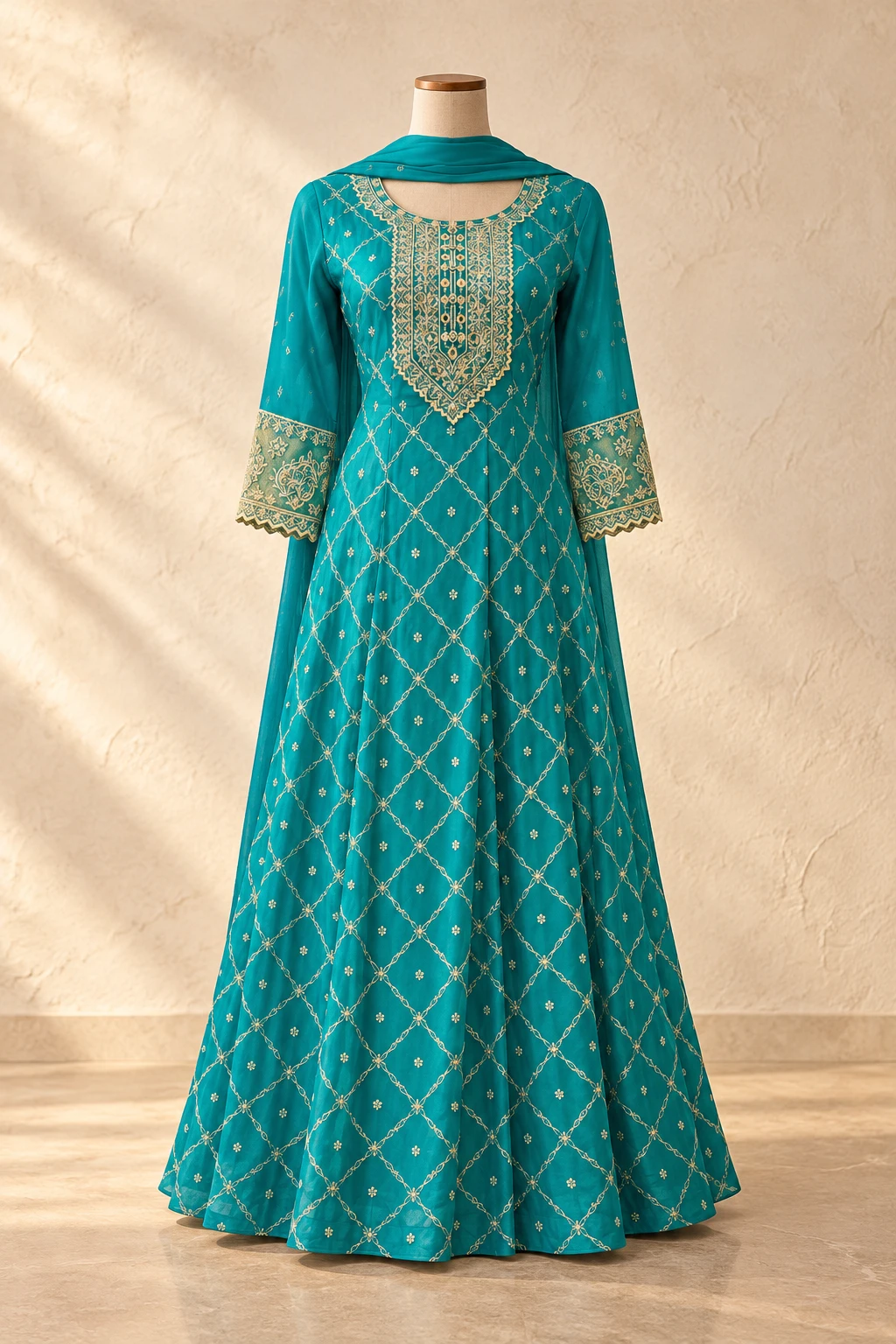 Editorial styling preview of the teal and gold threadwork Anarkali from Amrik Rainbow Fashions Instagram