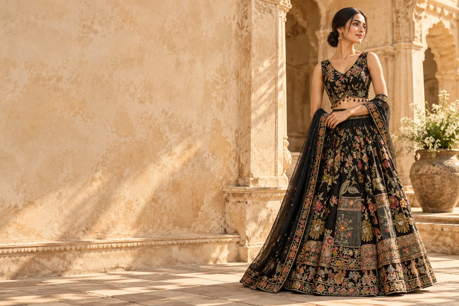 Editorial styling: a black floral lehenga in a warm limestone courtyard