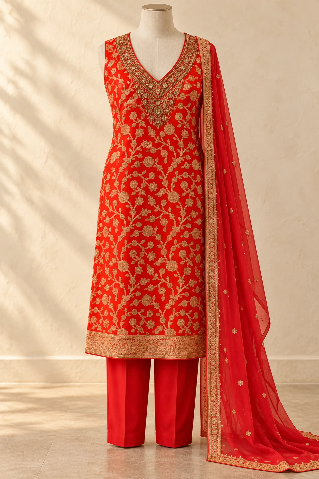 Editorial styling preview of the red and gold embroidered suit featured on Amrik Rainbow Fashions Instagram