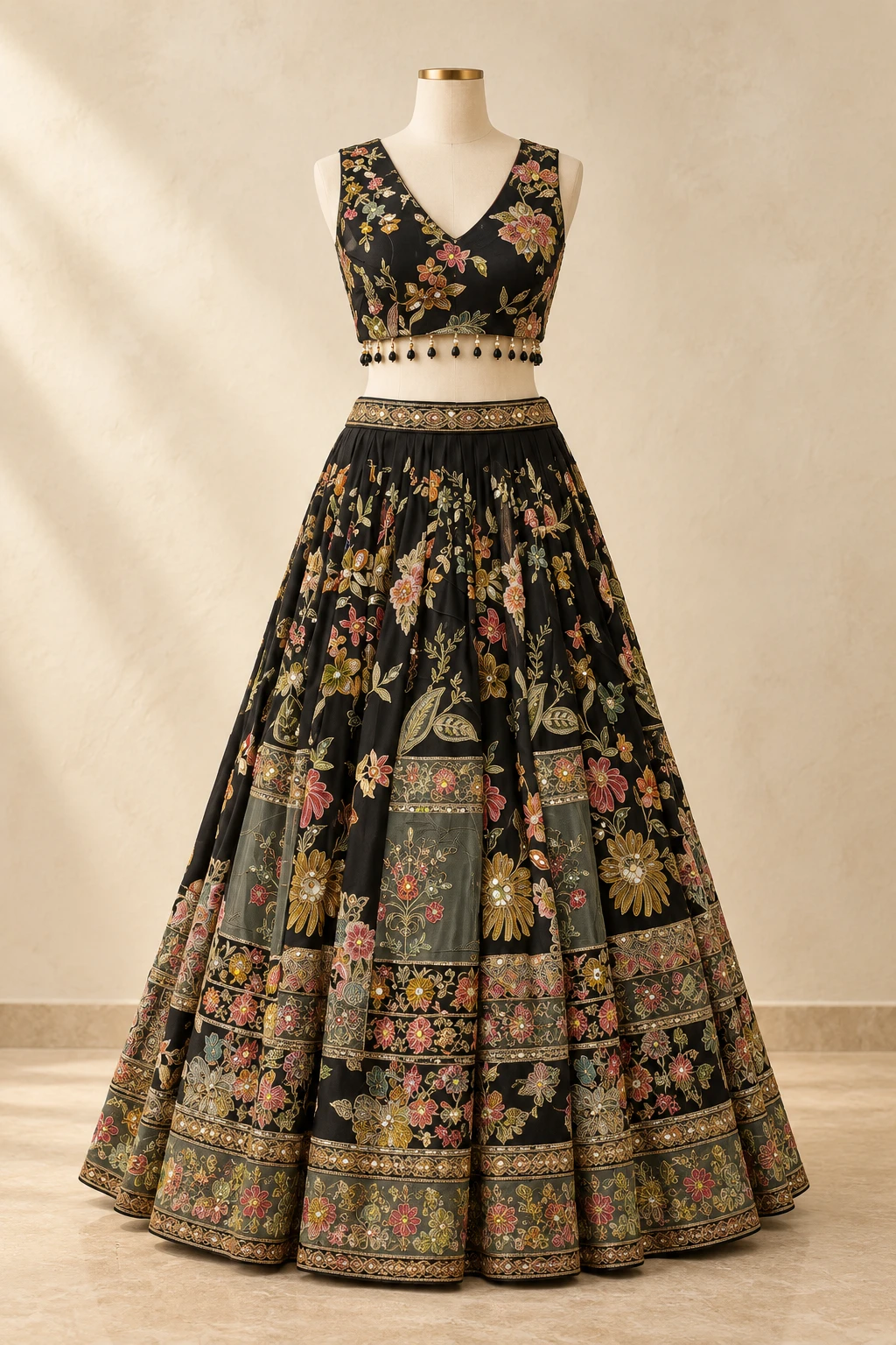 Editorial styling preview of the black floral embroidered lehenga featured on Amrik Rainbow Fashions Instagram